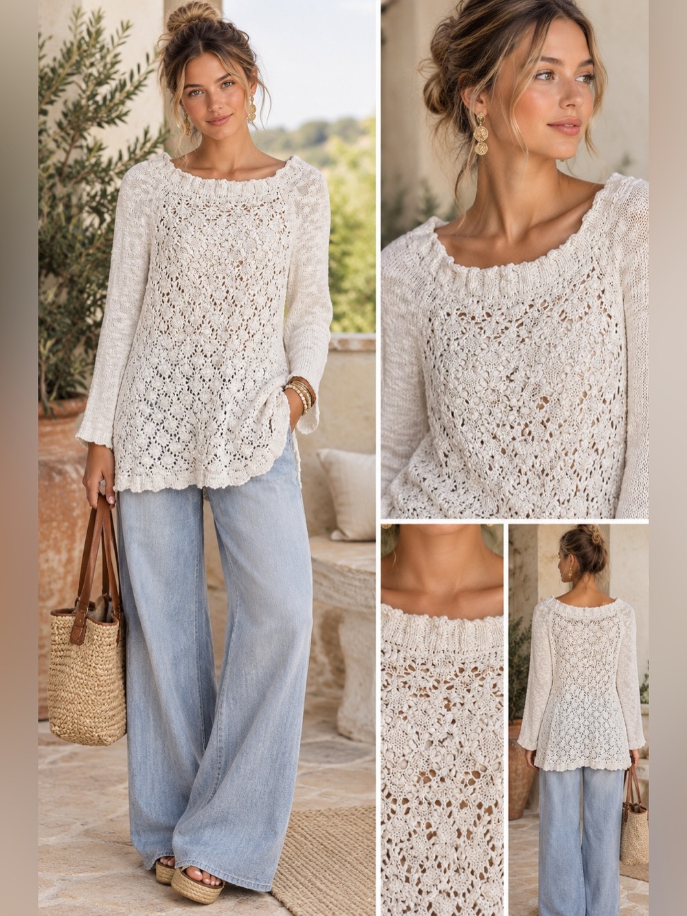 Anthropologie Moth Open Pointelle Knit Cotton Sweater Tulip Hemline Ivory L